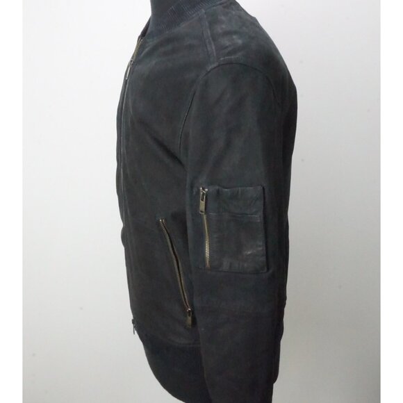 John Varvatos Sheepskin Leather Dark Blue Bomber Zip Jacket Sz M Brand New - Picture 2 of 7